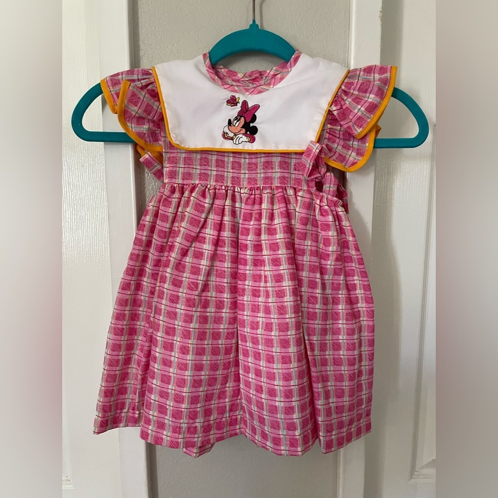 Disney Pink Plaid Minnie Mouse Ruffle Sleeve Dress with Yellow Trim